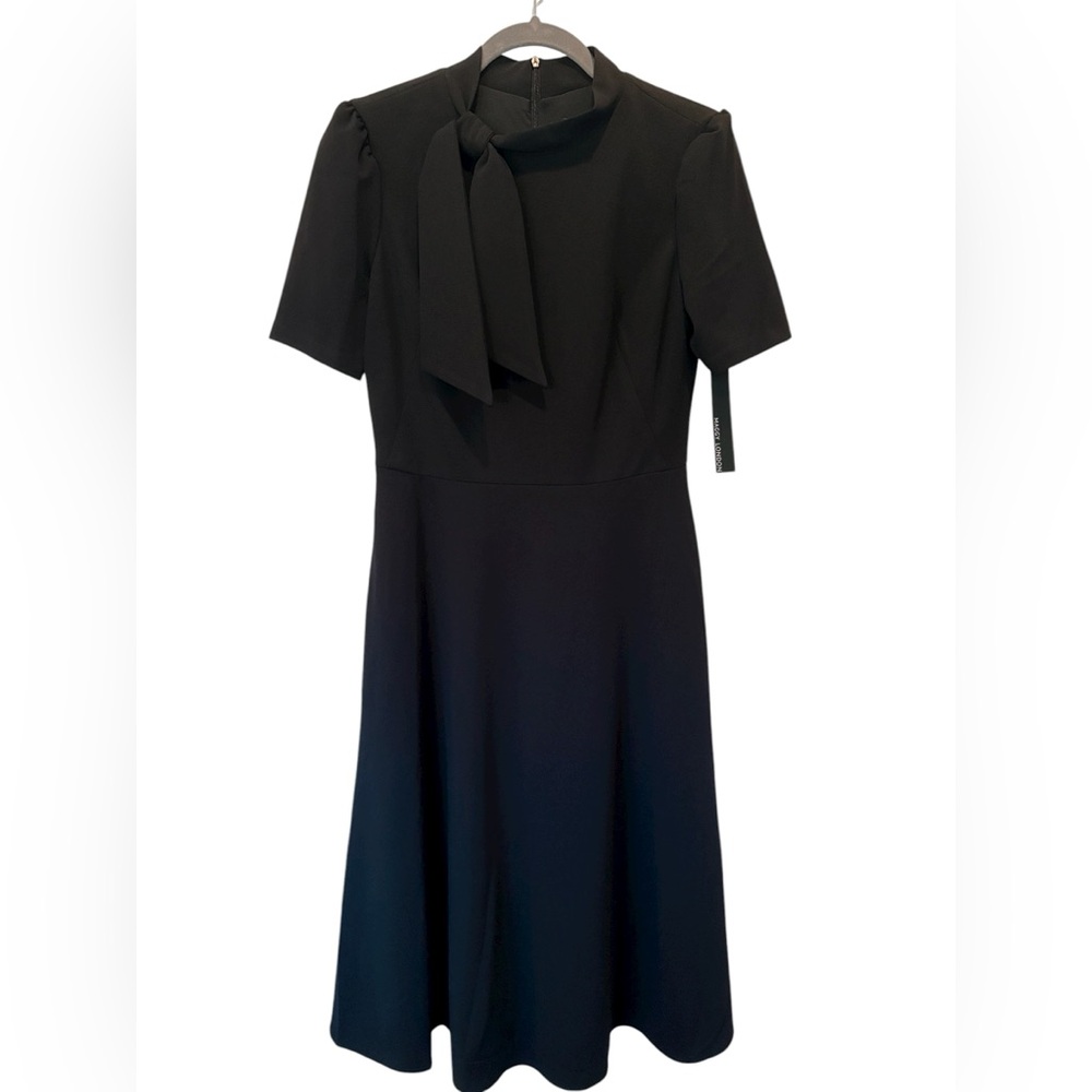 Maggy London Black Tie Neck A-Line Midi Career Dress Pockets Size 6 NWT - Picture 3 of 11
